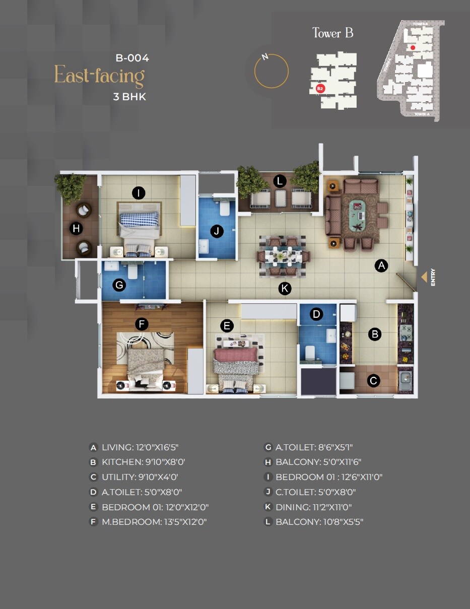 Floor plan of 3 BHK 1730 Sq. Ft. Apartment in Trendsquares Akino, Bangalore