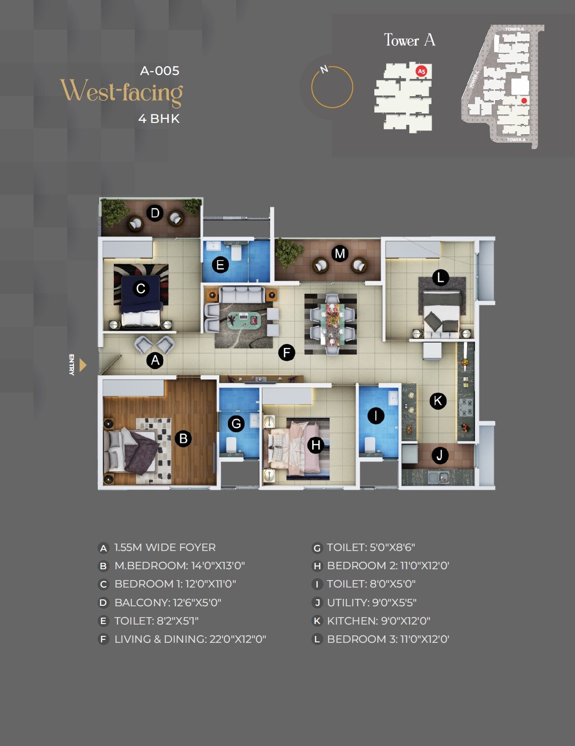 Floor plan of 4 BHK 1975 Sq. Ft. Apartment in Trendsquares Akino, Bangalore
