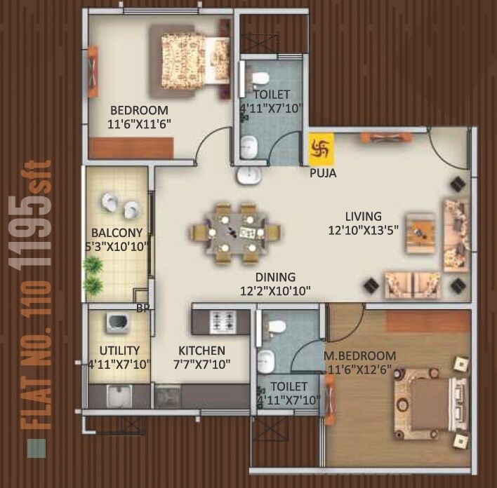 Floor plan of 2 BHK 1195 Sq. Ft. Apartment in Trendsquares Ambience, Bangalore