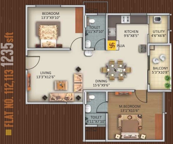 Floor plan of 2 BHK 1235 Sq. Ft. Apartment in Trendsquares Ambience, Bangalore
