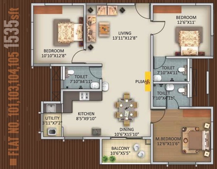 Floor plan of 3 BHK 1535 Sq. Ft. Apartment in Trendsquares Ambience, Bangalore