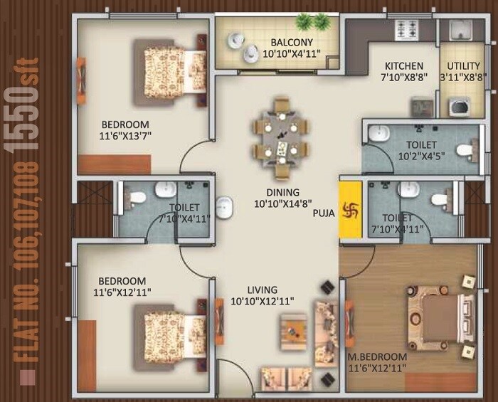 Floor plan of 3 BHK 1550 Sq. Ft. Apartment in Trendsquares Ambience, Bangalore