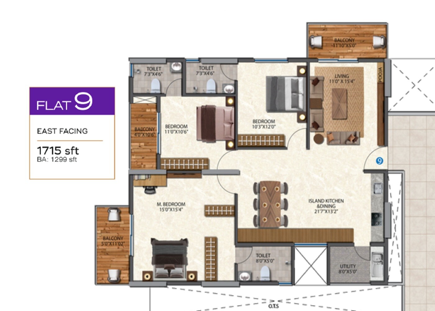 Floor plan of 3 BHK 1715 Sq. Ft. Apartment in Trendsquares Synergy, Bangalore