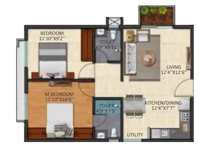 Floor plan of 2 BHK 775 Sq. Ft. Apartment in Triaxis Splendour, Bangalore