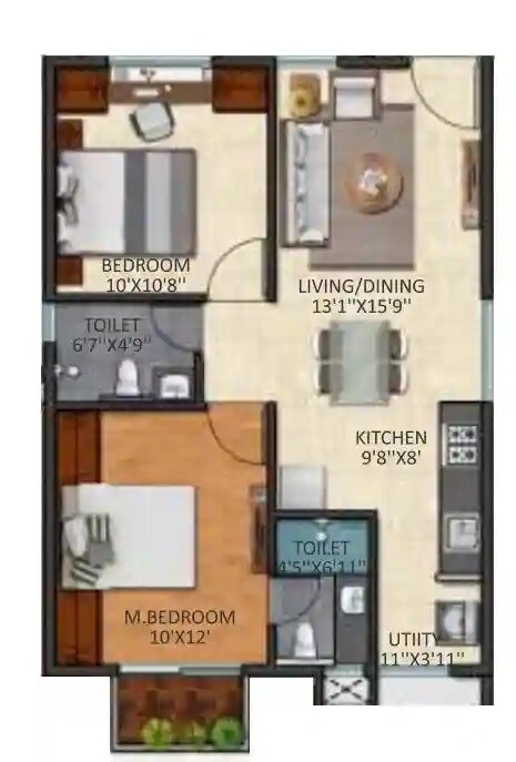 Floor plan of 2 BHK 839 Sq. Ft. Apartment in Triaxis Splendour, Bangalore