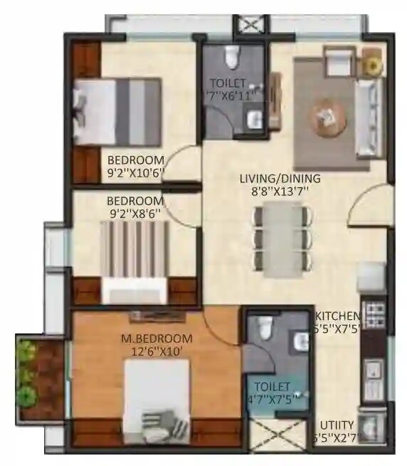 Floor plan of 3 BHK 956 Sq. Ft. Apartment in Triaxis Splendour, Bangalore