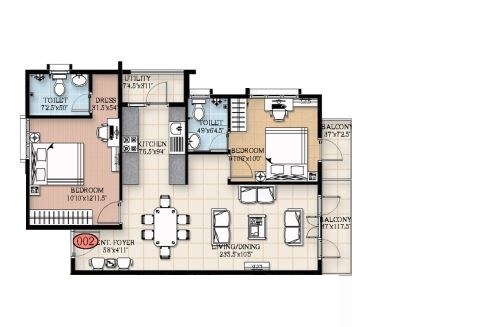 Floor plan of 2 BHK 1021 Sq. Ft. Apartment in Trifecta Esplanade, Bangalore