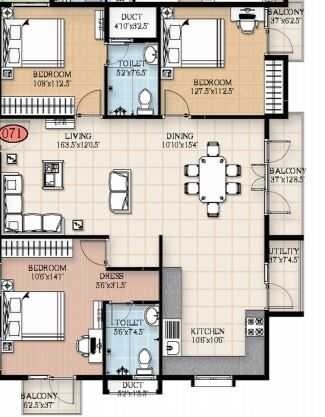 Floor plan of 3 BHK 1532 Sq. Ft. Apartment in Trifecta Esplanade, Bangalore