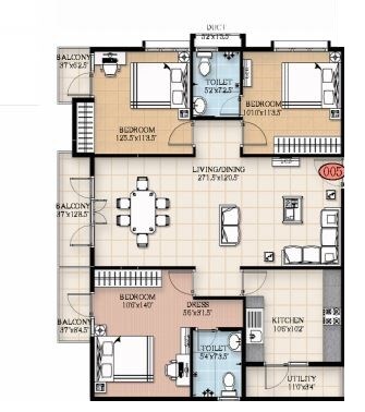 Floor plan of 3 BHK 1382 Sq. Ft. Apartment in Trifecta Esplanade, Bangalore
