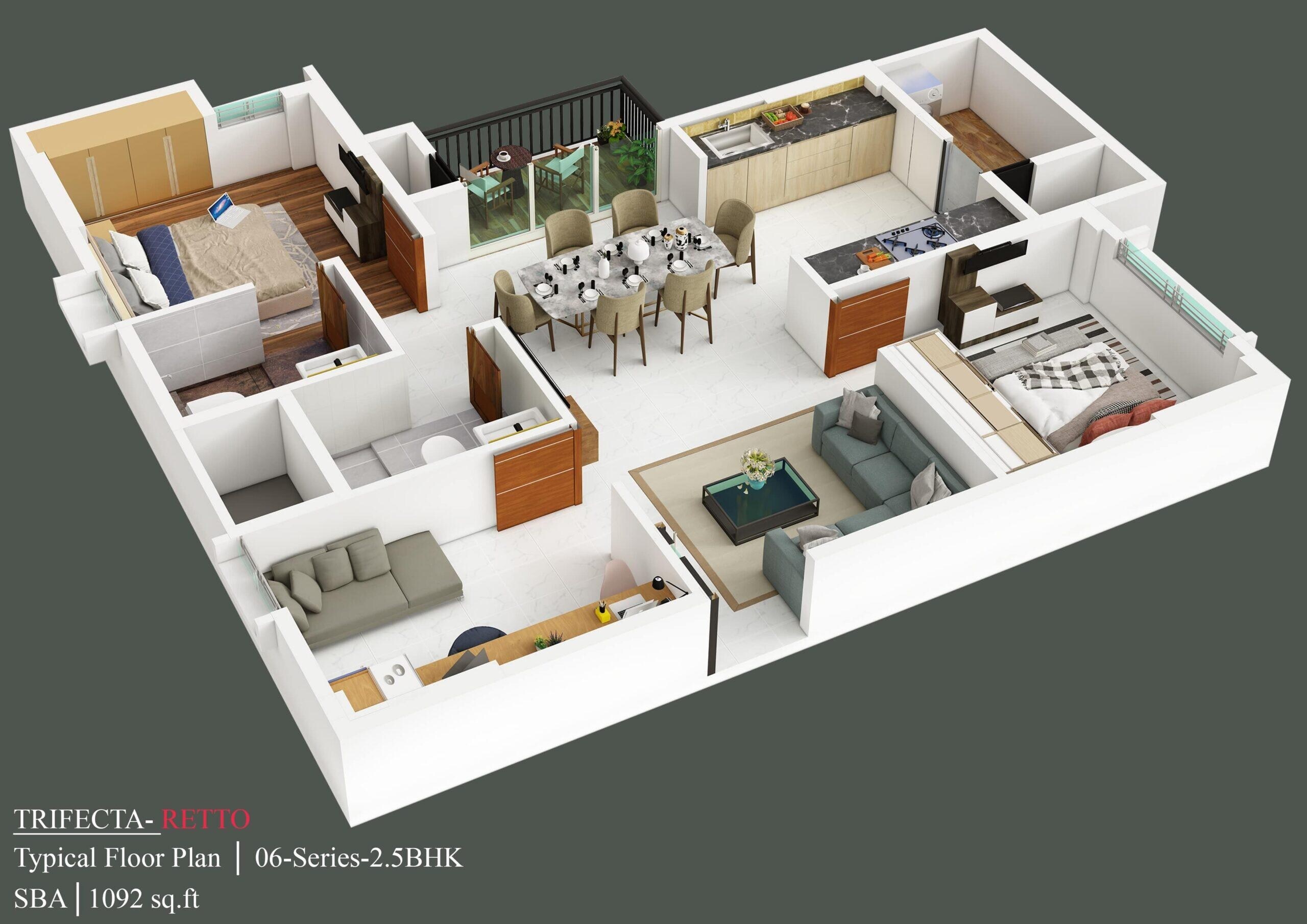 Floor plan of 2 BHK 1092 Sq. Ft. Apartment in Trifecta Retto, Bangalore