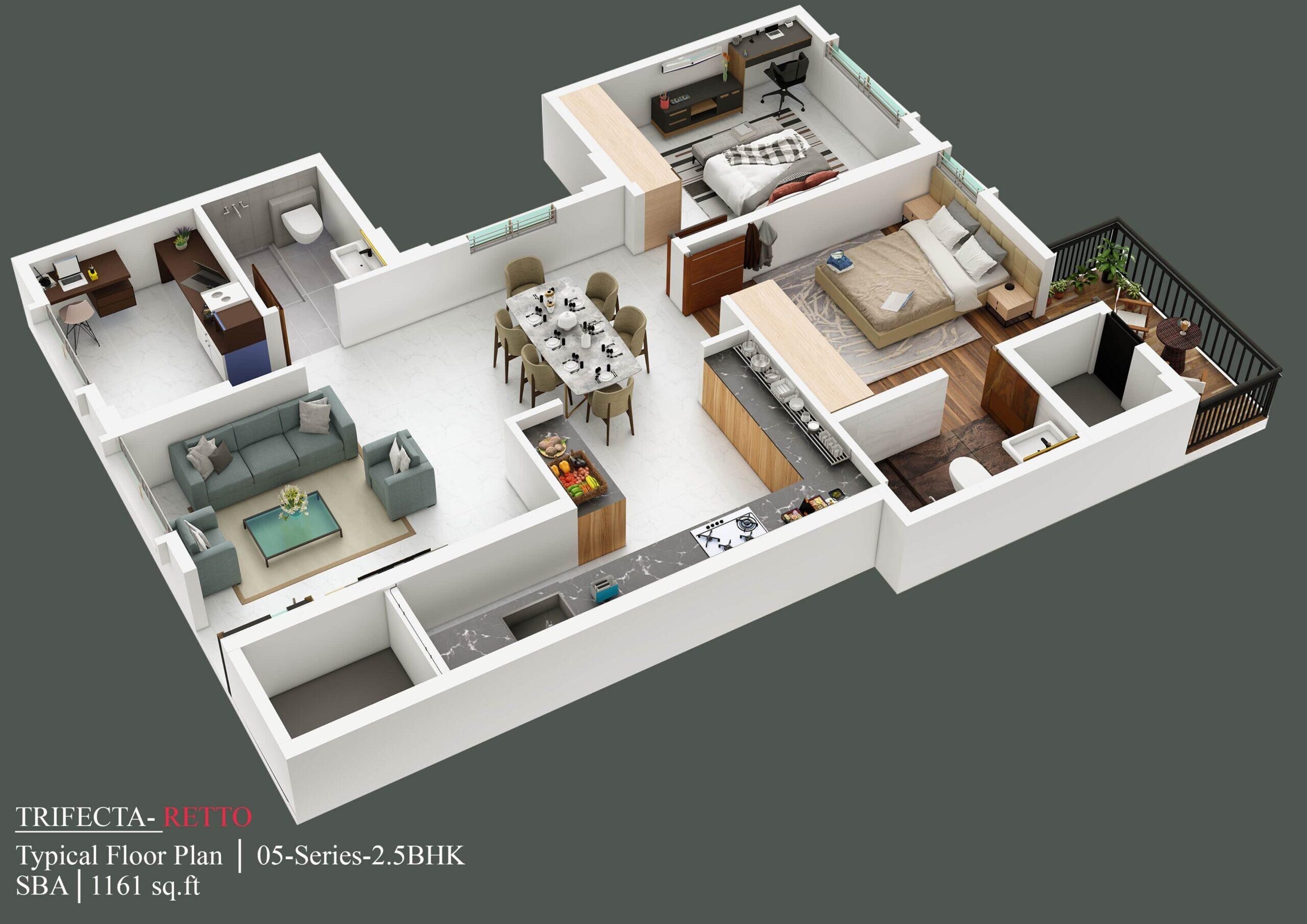 Floor plan of 2 BHK 1161 Sq. Ft. Apartment in Trifecta Retto, Bangalore