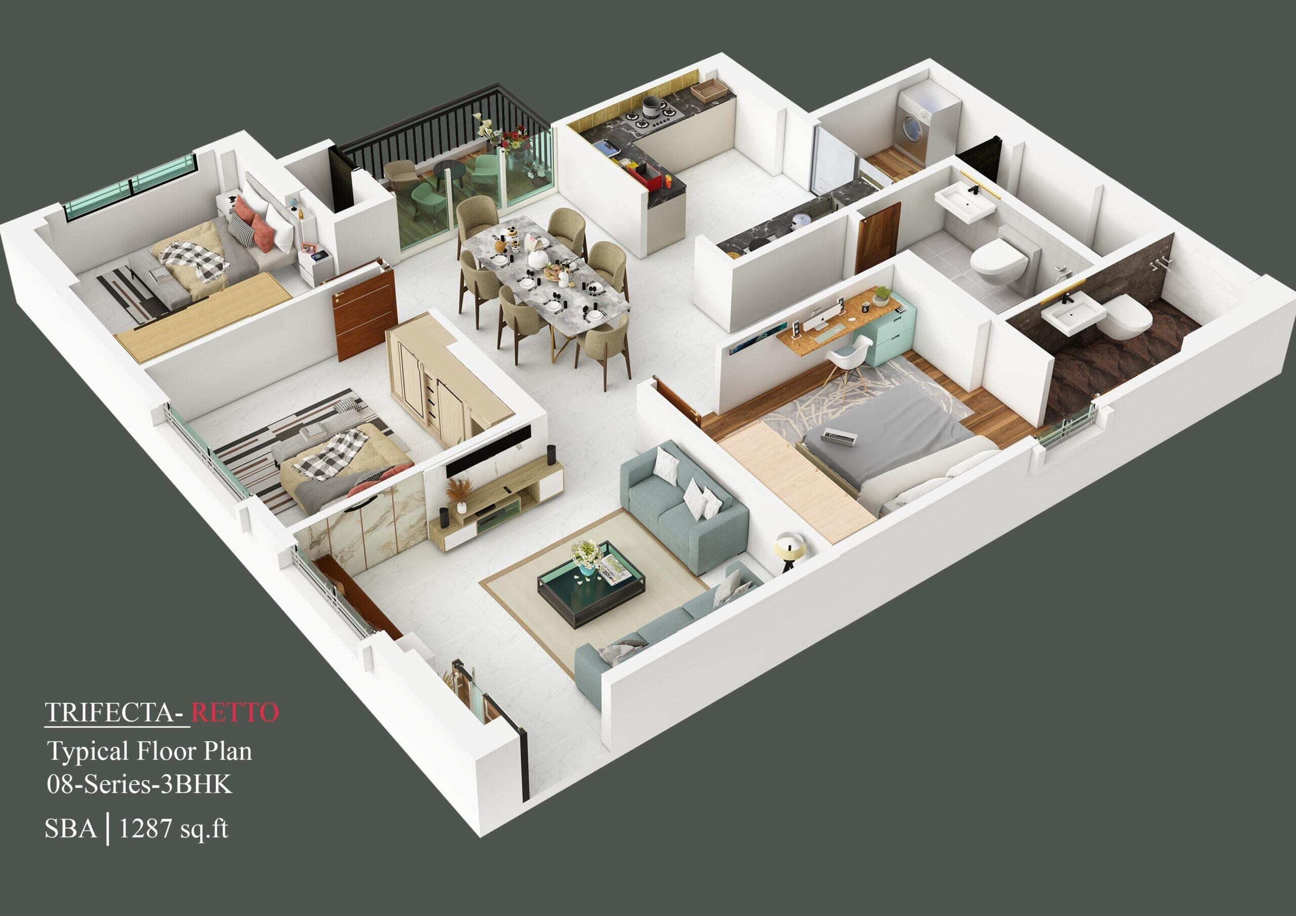 Floor plan of 3 BHK 1287 Sq. Ft. Apartment in Trifecta Retto, Bangalore