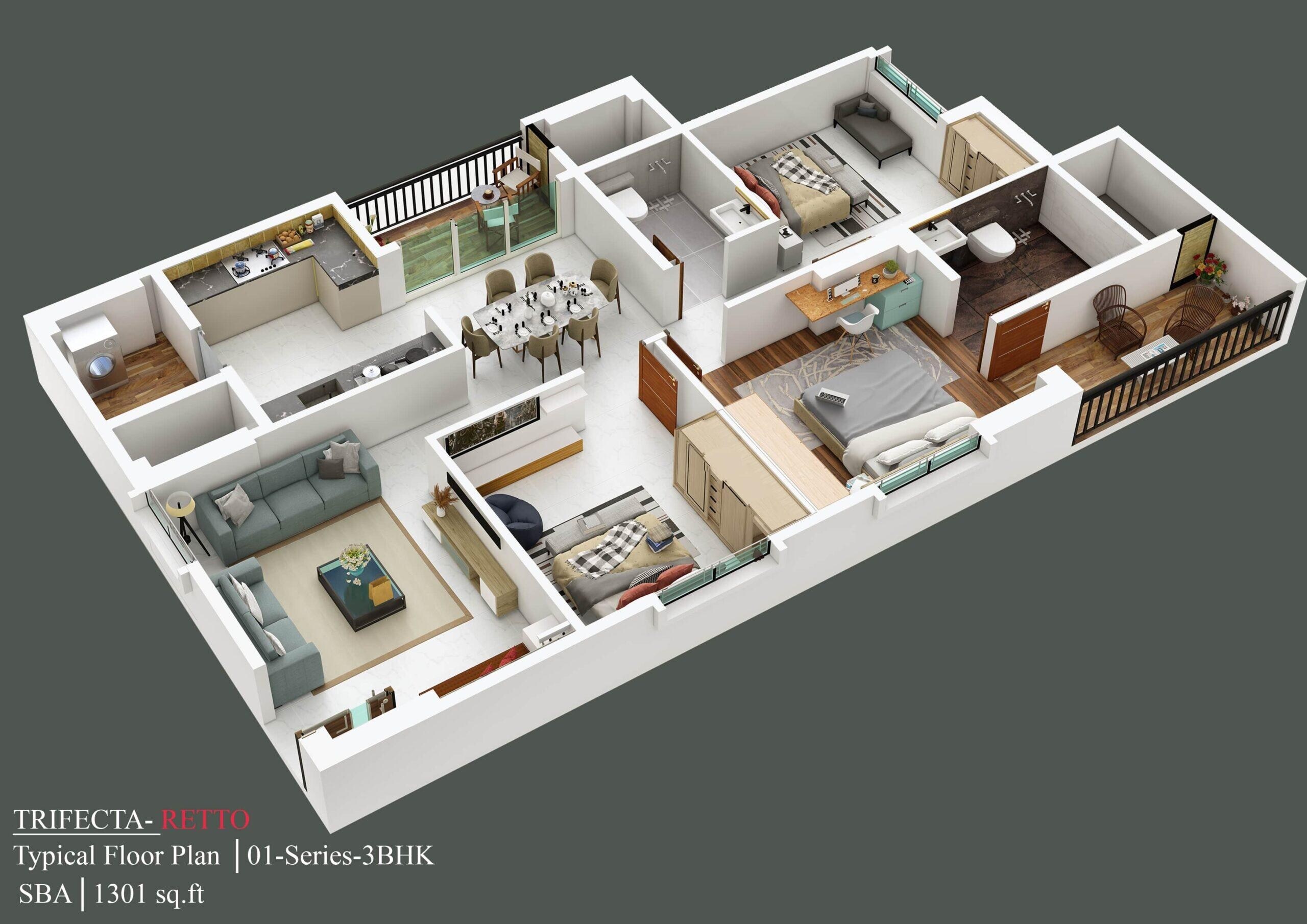 Floor plan of 3 BHK 1301 Sq. Ft. Apartment in Trifecta Retto, Bangalore