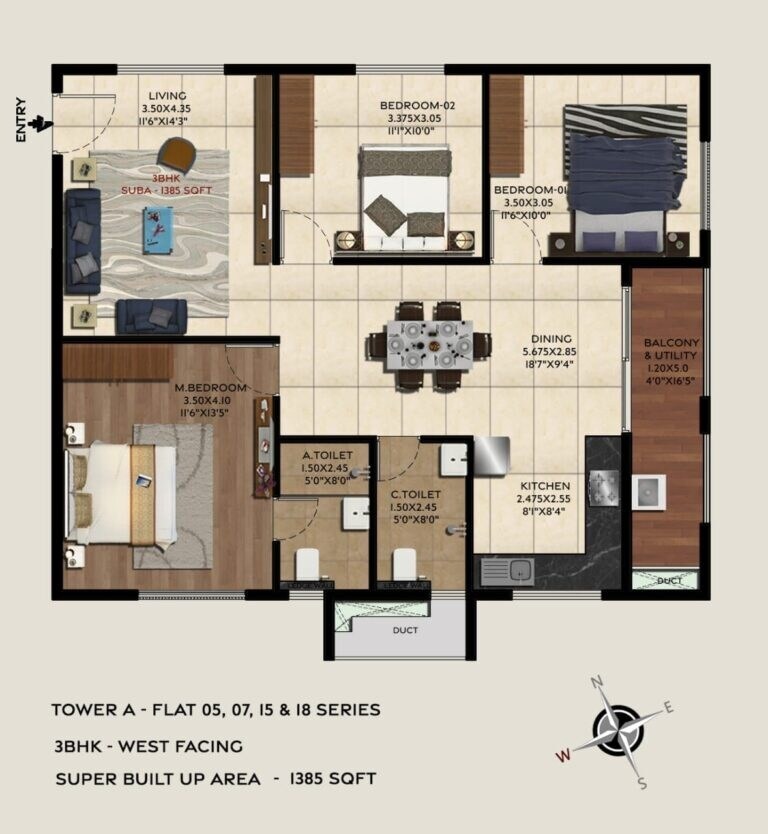 Floor plan of 3 BHK 1385 Sq. Ft. Apartment in Trifecta Vanto, Bangalore