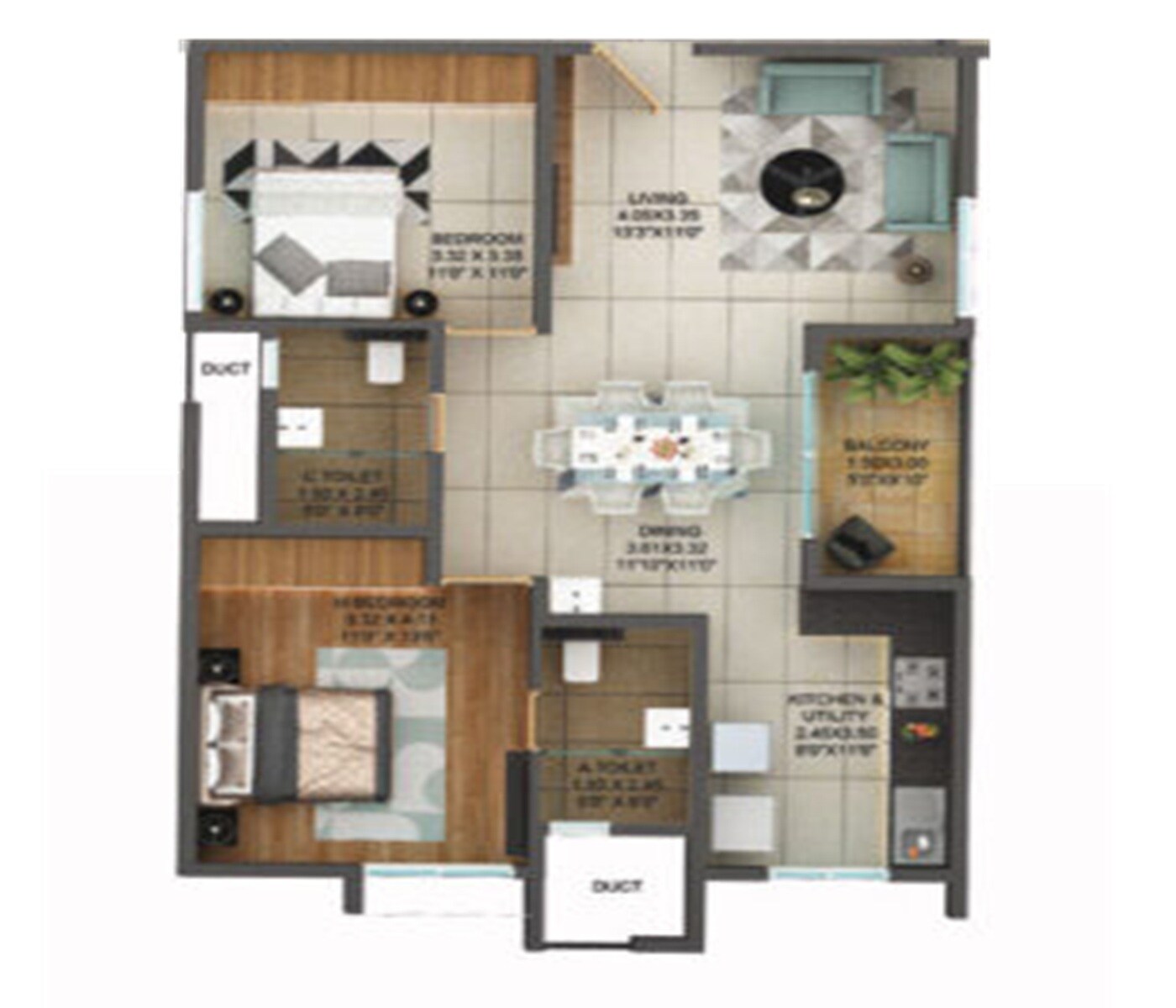 Floor plan of 2 BHK 1162 Sq. Ft. Apartment in Trifecta Veranza, Bangalore