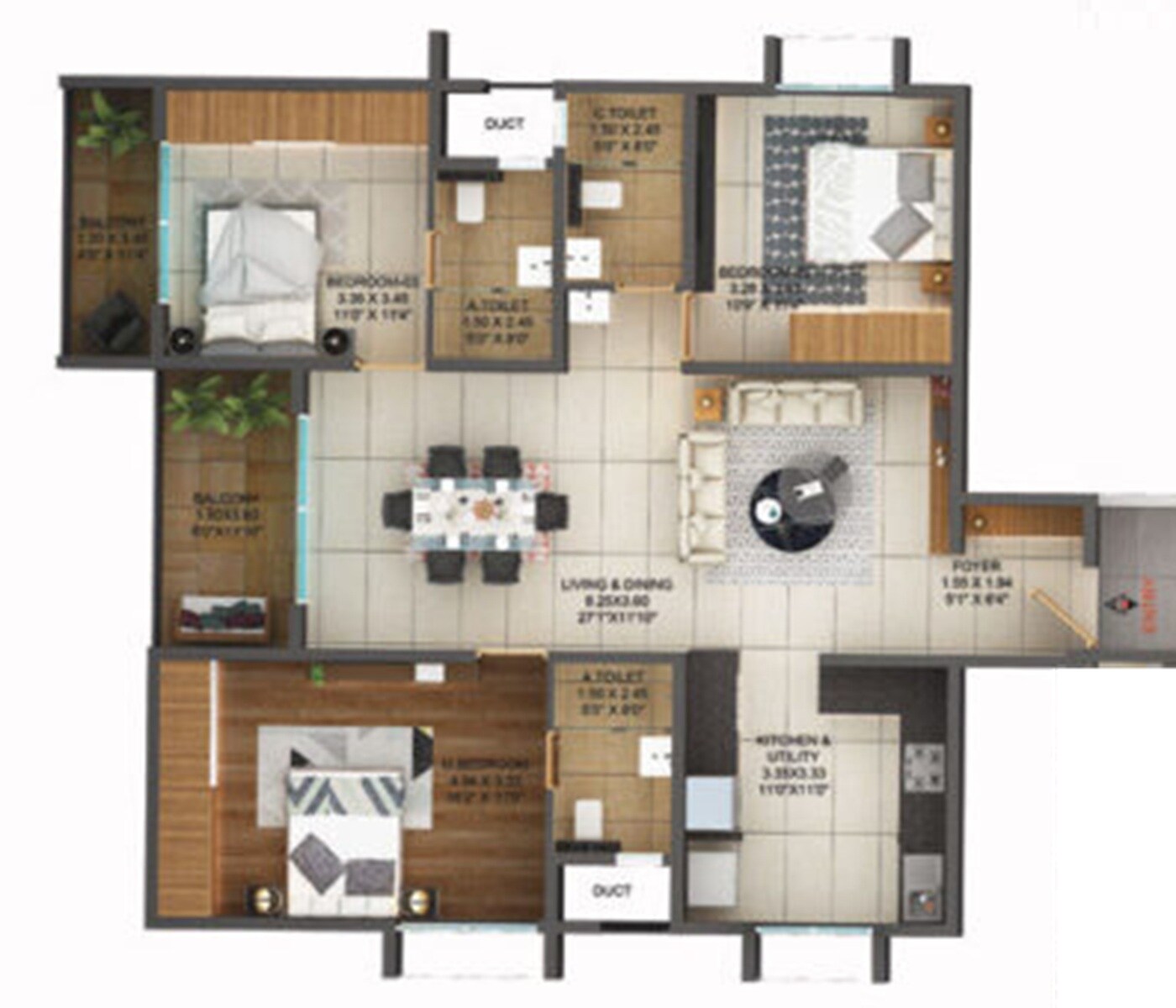 Floor plan of 3 BHK 1743 Sq. Ft. Apartment in Trifecta Veranza, Bangalore