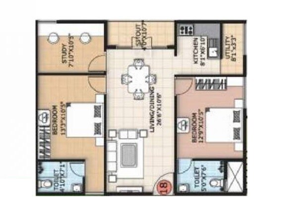 Floor plan of 2 BHK 1030 Sq. Ft. Apartment in Trifecta Verdure, Bangalore