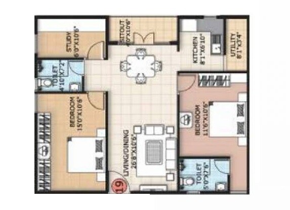 Floor plan of 2 BHK 1298 Sq. Ft. Apartment in Trifecta Verdure, Bangalore