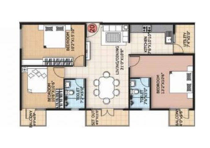 Floor plan of 3 BHK 1330 Sq. Ft. Apartment in Trifecta Verdure, Bangalore
