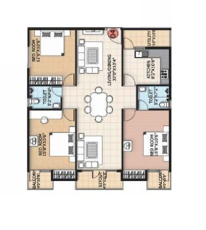 Floor plan of 3 BHK 1547 Sq. Ft. Apartment in Trifecta Verdure, Bangalore