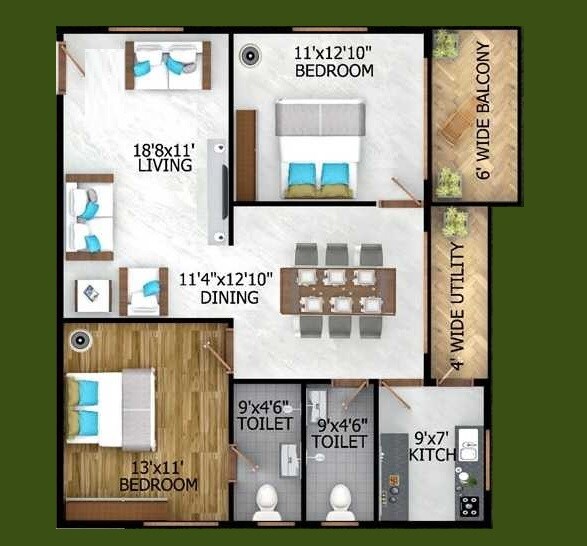 Floor plan of 2 BHK 1178 Sq. Ft. Apartment in Triguna Ashwatha, Bangalore