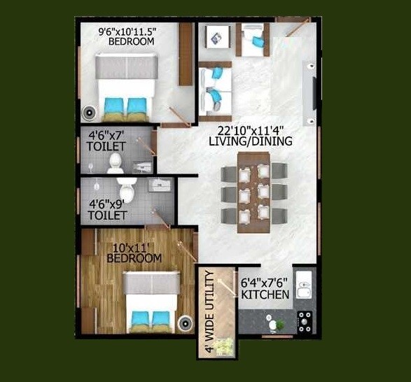 Floor plan of 2 BHK 876 Sq. Ft. Apartment in Triguna Ashwatha, Bangalore