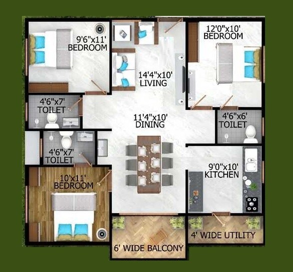 3 BHK 1219 Sq. Ft. Apartment