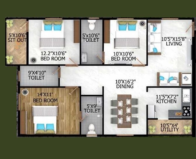 Floor plan of 3 BHK 1430 Sq. Ft. Apartment in Triguna Ashwatha, Bangalore