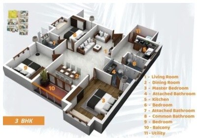 Floor plan of 3 BHK 1266 Sq. Ft. Apartment in Triguna Palm Grove, Bangalore