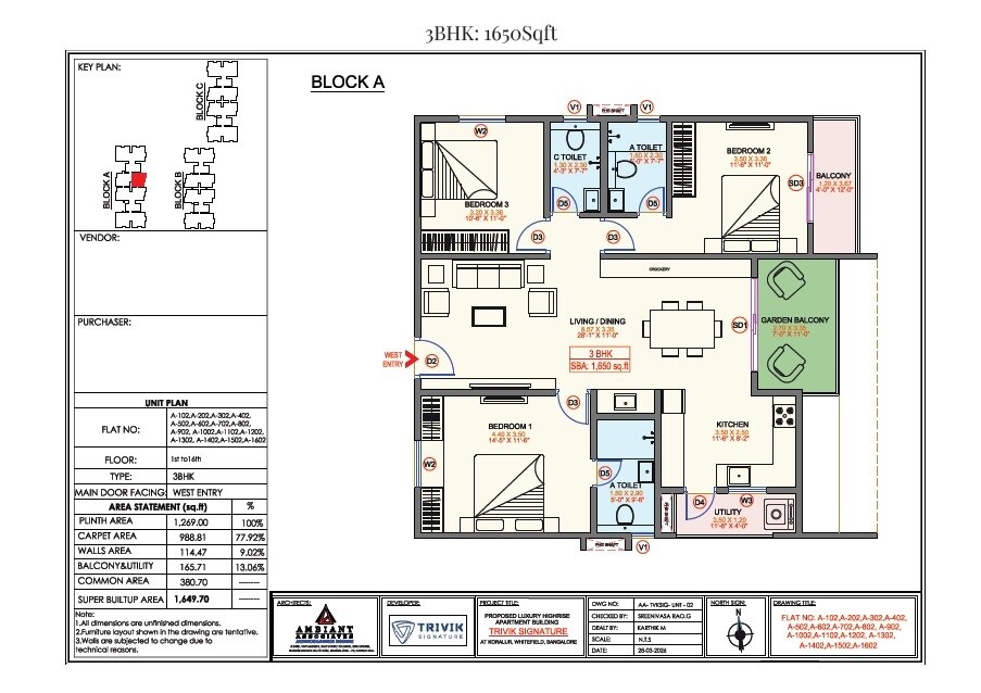 Floor plan of 3 BHK 1650 Sq. Ft. Apartment in Trivik Signature, Bangalore