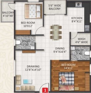 Floor plan of 2 BHK 1276 Sq. Ft. Apartment in Tropical Dwellings Apartment, Bangalore