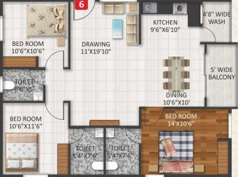 Floor plan of 3 BHK 1356 Sq. Ft. Apartment in Tropical Dwellings Apartment, Bangalore