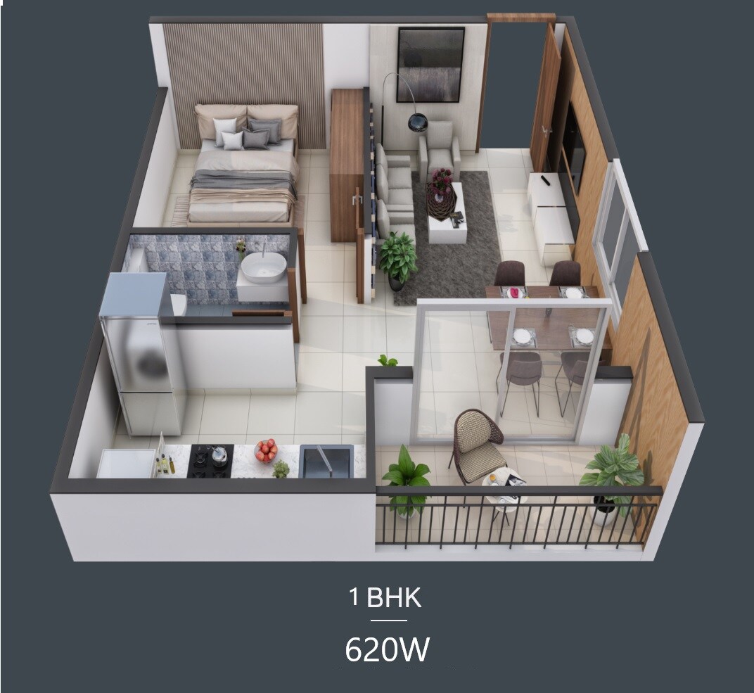Floor plan of 1 BHK 620 Sq. Ft. Apartment in Tru Windchimes, Bangalore