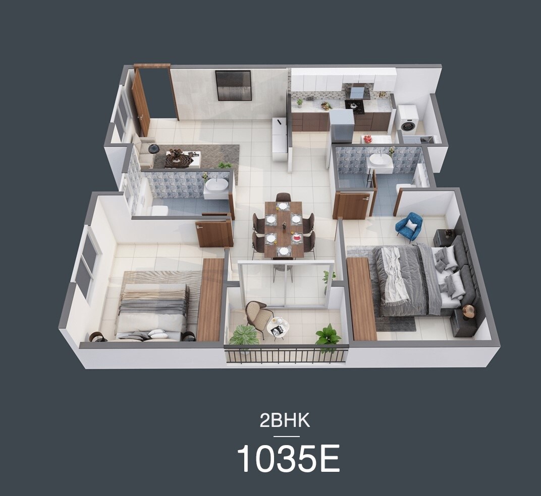 Floor plan of 2 BHK 1035 Sq. Ft. Apartment in Tru Windchimes, Bangalore