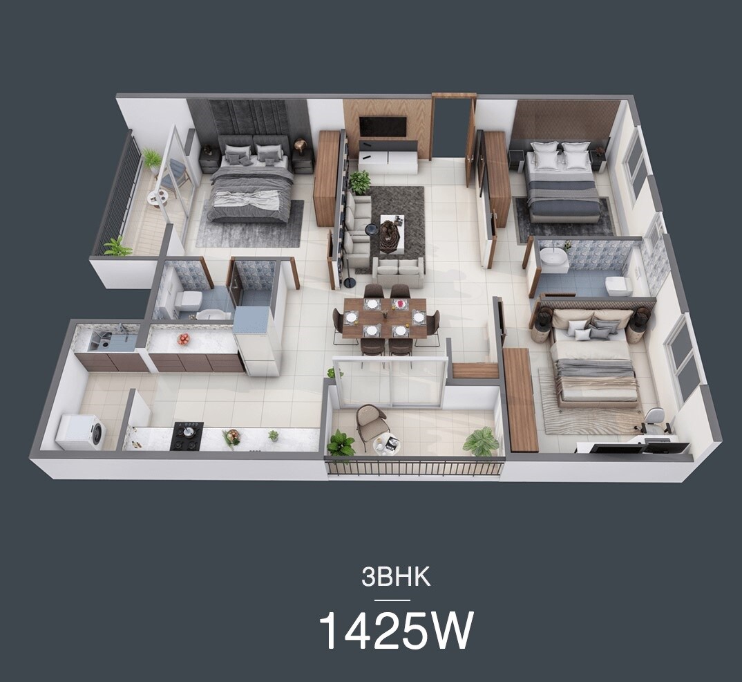 Floor plan of 3 BHK 1425 Sq. Ft. Apartment in Tru Windchimes, Bangalore