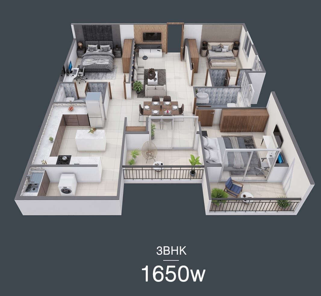 Floor plan of 3 BHK 1650 Sq. Ft. Apartment in Tru Windchimes, Bangalore
