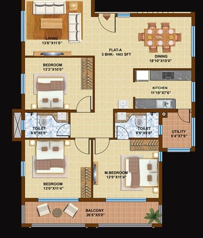 Floor plan of 3 BHK 1602 Sq. Ft. Apartment in Uber Andree, Bangalore