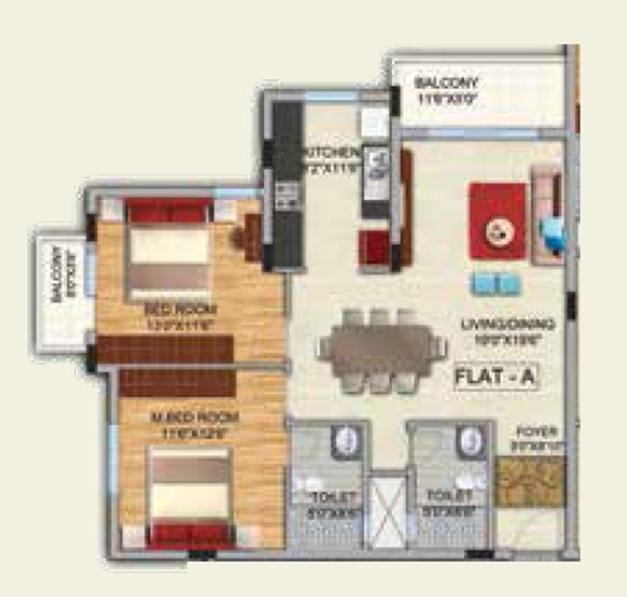 Floor plan of 2 BHK 1233 Sq. Ft. Apartment in Uber Paxina, Bangalore