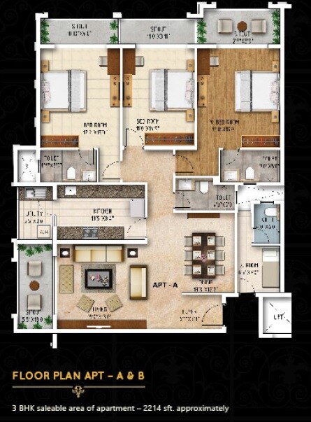 Floor plan of 3 BHK 2214 Sq. Ft. Apartment in Uber Signature, Bangalore