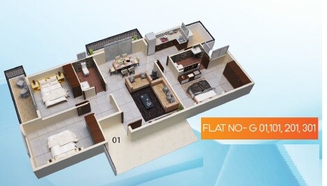 Floor plan of 3 BHK 1433 Sq. Ft. Apartment in Udaya Paradise, Bangalore