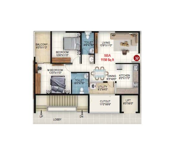 Floor plan of 2 BHK 1150 Sq. Ft. Apartment in Udbhav Gokulam, Bangalore