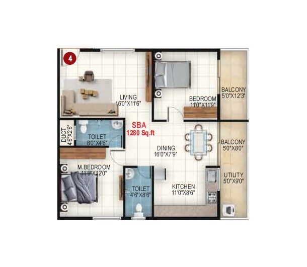 Floor plan of 2 BHK 1280 Sq. Ft. Apartment in Udbhav Gokulam, Bangalore