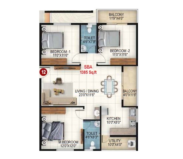 Floor plan of 3 BHK 1385 Sq. Ft. Apartment in Udbhav Gokulam, Bangalore