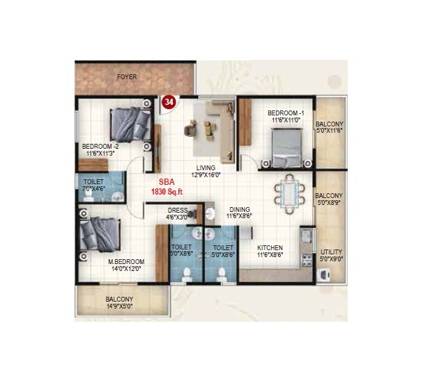 Floor plan of 3 BHK 1830 Sq. Ft. Apartment in Udbhav Gokulam, Bangalore