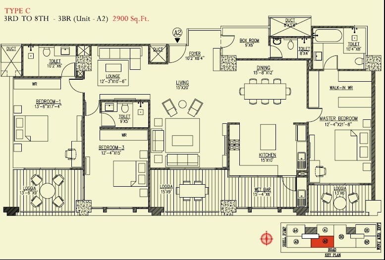Floor plan of 3 BHK 2900 Sq. Ft. Apartment in UKN Miraya Rose, Bangalore