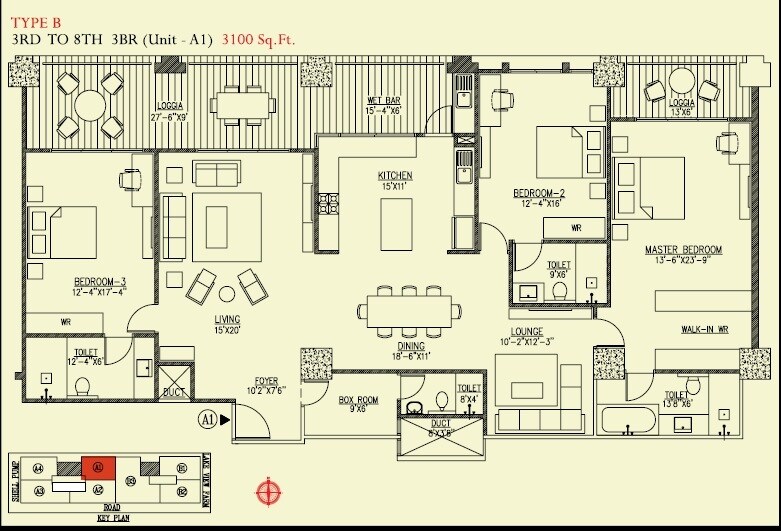 Floor plan of 3 BHK 3100 Sq. Ft. Apartment in UKN Miraya Rose, Bangalore