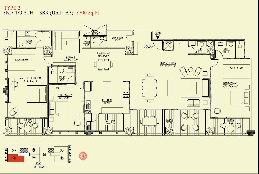 Floor plan of 3 BHK 3700 Sq. Ft. Apartment in UKN Miraya Rose, Bangalore