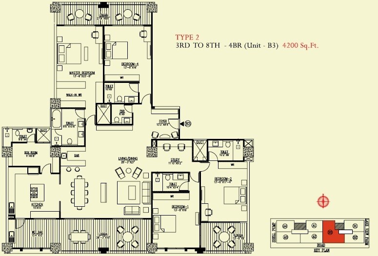 Floor plan of 4 BHK 4200 Sq. Ft. Apartment in UKN Miraya Rose, Bangalore