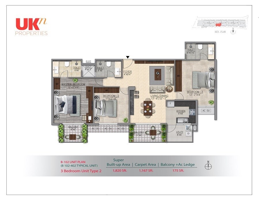 Floor plan of 3 BHK 1820 Sq. Ft. Apartment in UKN Miraya Woods, Bangalore