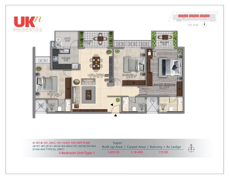 Floor plan of 3 BHK 1870 Sq. Ft. Apartment in UKN Miraya Woods, Bangalore